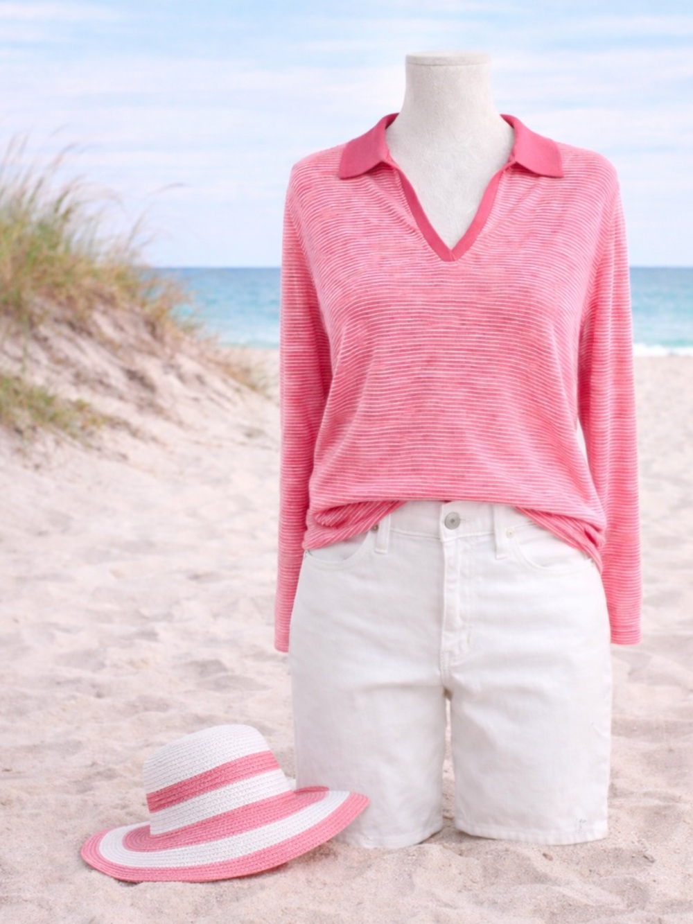 J. McLaughlin Pink White Fairfax Sweater Size L